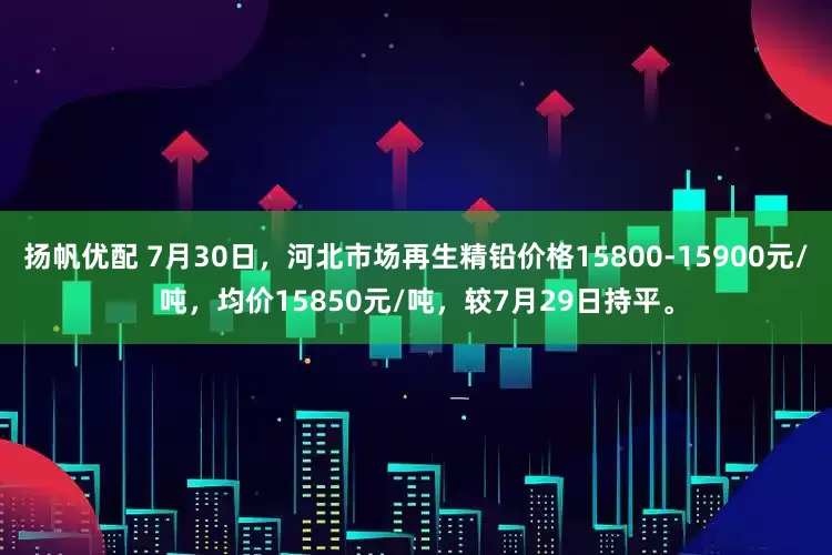 扬帆优配 7月30日，河北市场再生精铅价格15800-15900元/吨，均价15850元/吨，较7月29日持平。